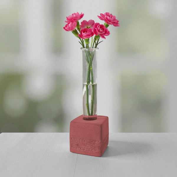 Red square concrete test tube bud vase with pink flowers