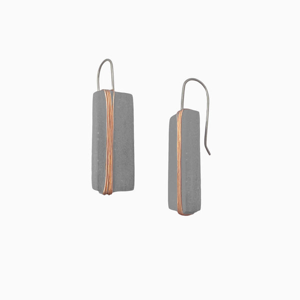 Gray concrete bar earrings with wrapped copper wire and titanium ear wires